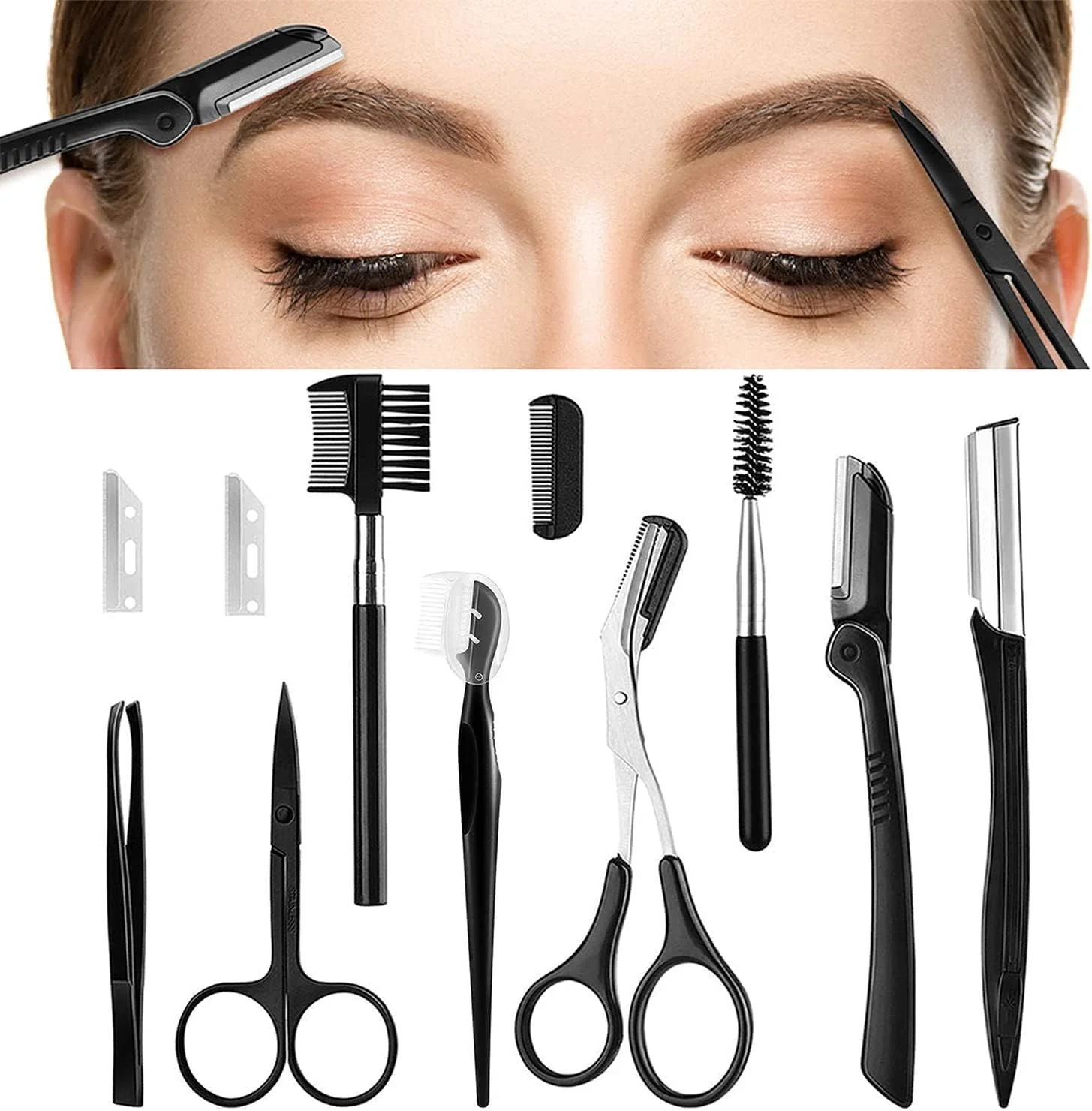 ست اصلاح ابرو تزویق، ابزار لایه برداری و درماپلنینگ چند منظوره 8 در 1، تیغ صورت تراش صورت، مردانه و زنانه، قیچی برس ابرو، ابزار موچین، برای زنان و مردان، مشکی