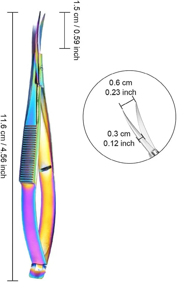 قیچی ابرو استیل ضد زنگ خمیده، قیچی پیرایش، قیچی نخ چین گلدوزی فنری، قیچی نوک خمیده کاردستی (چند رنگ)