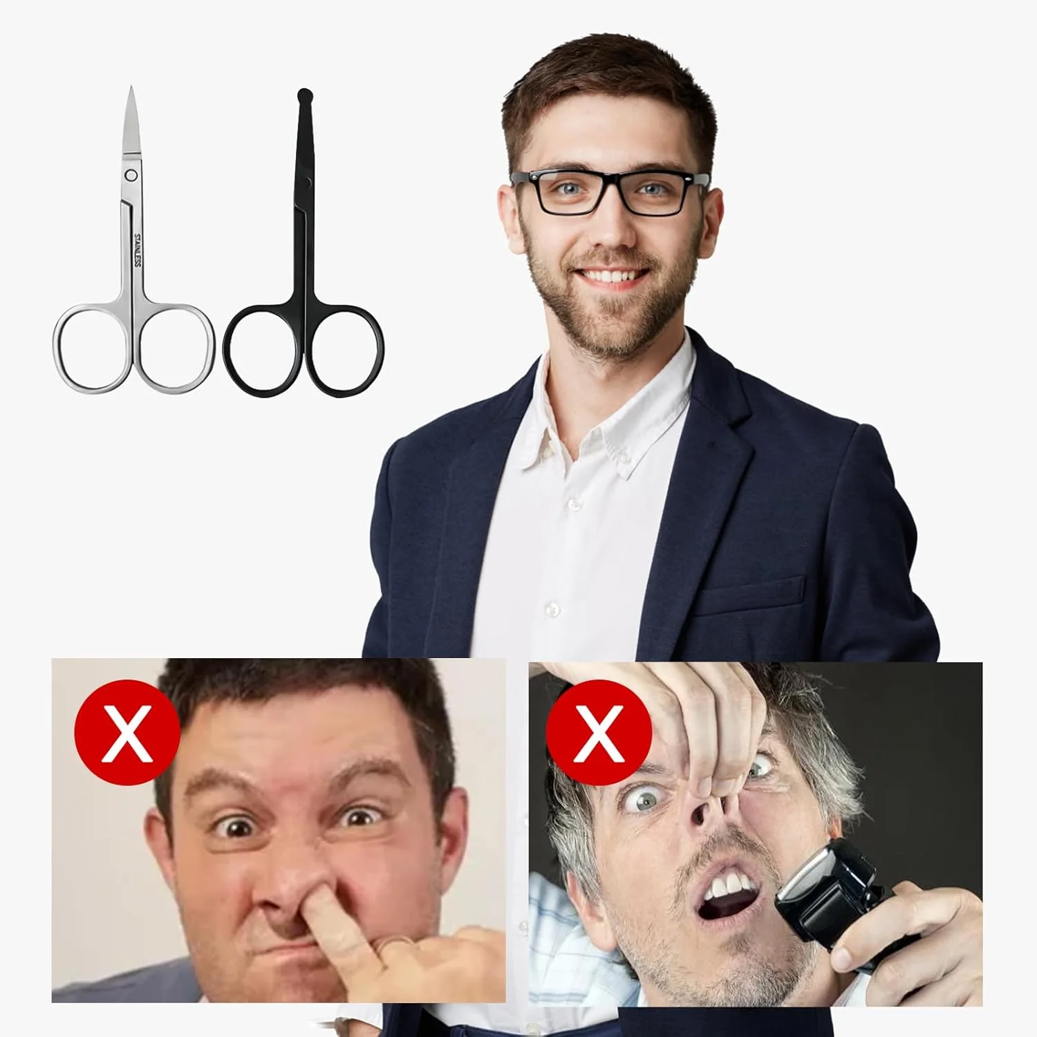 قیچی موی بینی و گوش استیل ضد زنگ 2 عددی، اصلاح کننده ریش و ابرو برای آقایان و بانوان، مشکی، نقره ای، جنس ضد زنگ برای اصلاح دقیق، قیچی ریش، قیچی اصلاح ابرو، قیچی ابرو