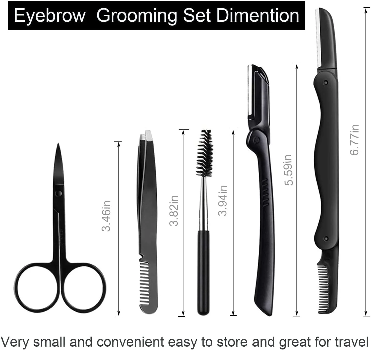 تیغ ابرو تزویق، ست 5 در 1 اصلاح ابرو، ست مرتب سازی ابرو، کیت ابرو، شامل موچین شانه دار، قیچی، تیغ ابرو، برس، برای اکستنشن مژه ابرو، برای زنان و مردان، مشکی