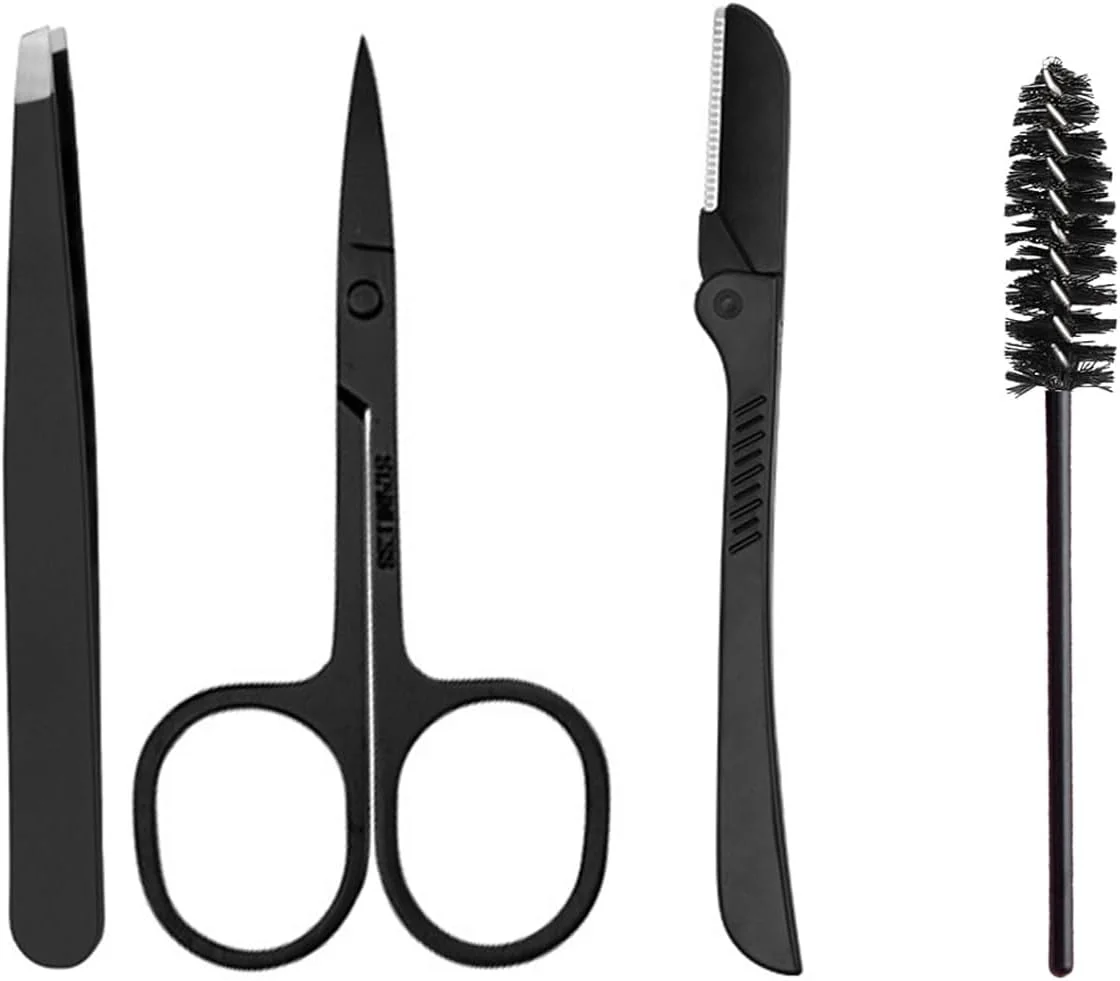 ست مراقبت از ابرو چند منظوره YJUFoar، بسته 4 عددی، شامل قیچی ابرو، موچین، برس مژه، موزن ابرو به همراه کیف چرمی برای آقایان و بانوان