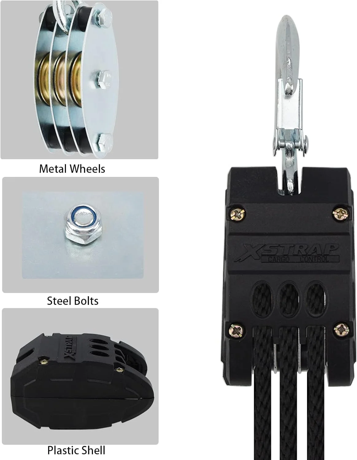 بالابر طناب XSTRAP STANDARD با ظرفیت سنگین 2000 پوند، طناب 50 فوتی، سیستم قرقره 1 تن، سیستم بالابر 5:1 با 2 عدد حلقه نرم 18 اینچی (مشکی 50 فوت ارتقا یافته)