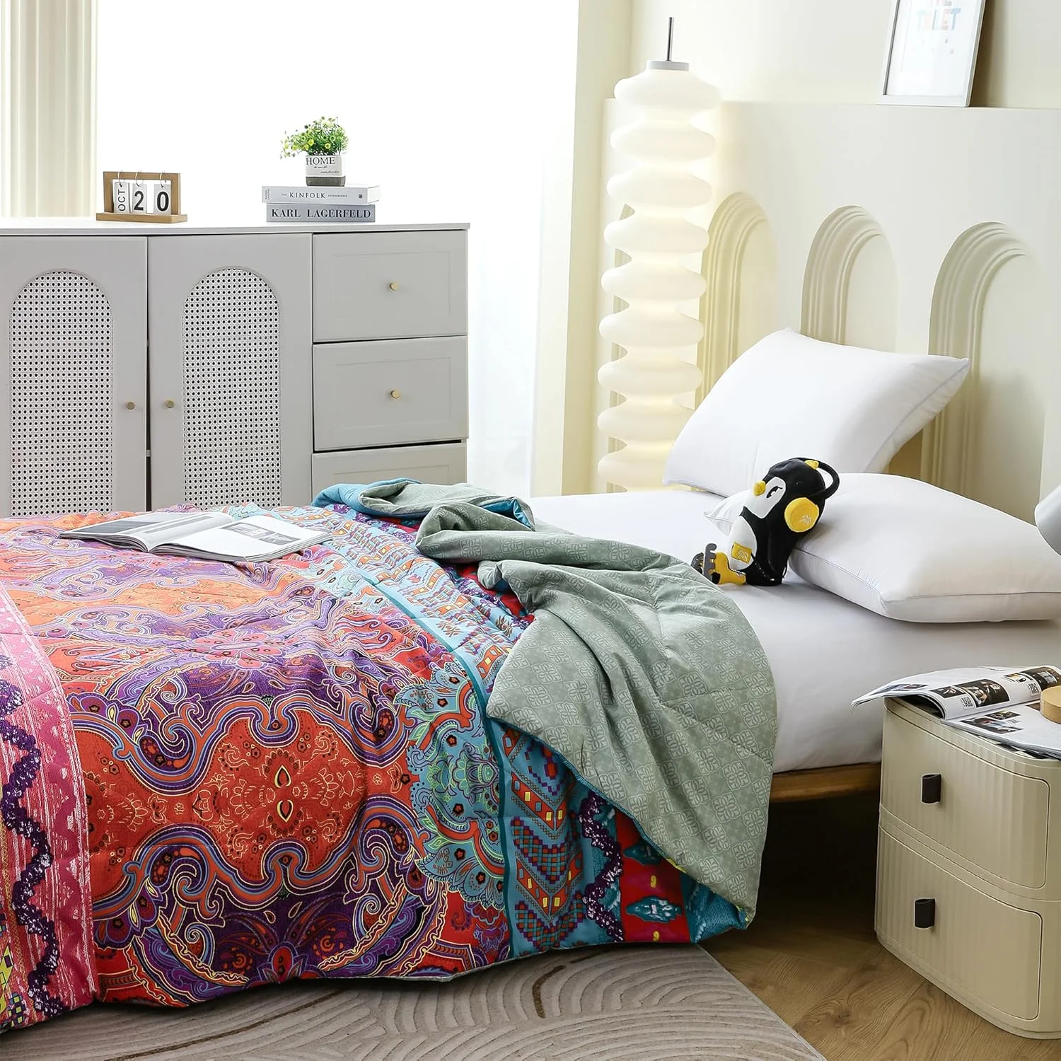 لحاف دو نفره برگشت پذیر Story@Home | طرح موتیف | لحاف میکروفایبر 240 GSM | 225 x 235 سانتی متر، بنفش و نارنجی | لحاف روتختی دو نفره - لحاف خنک