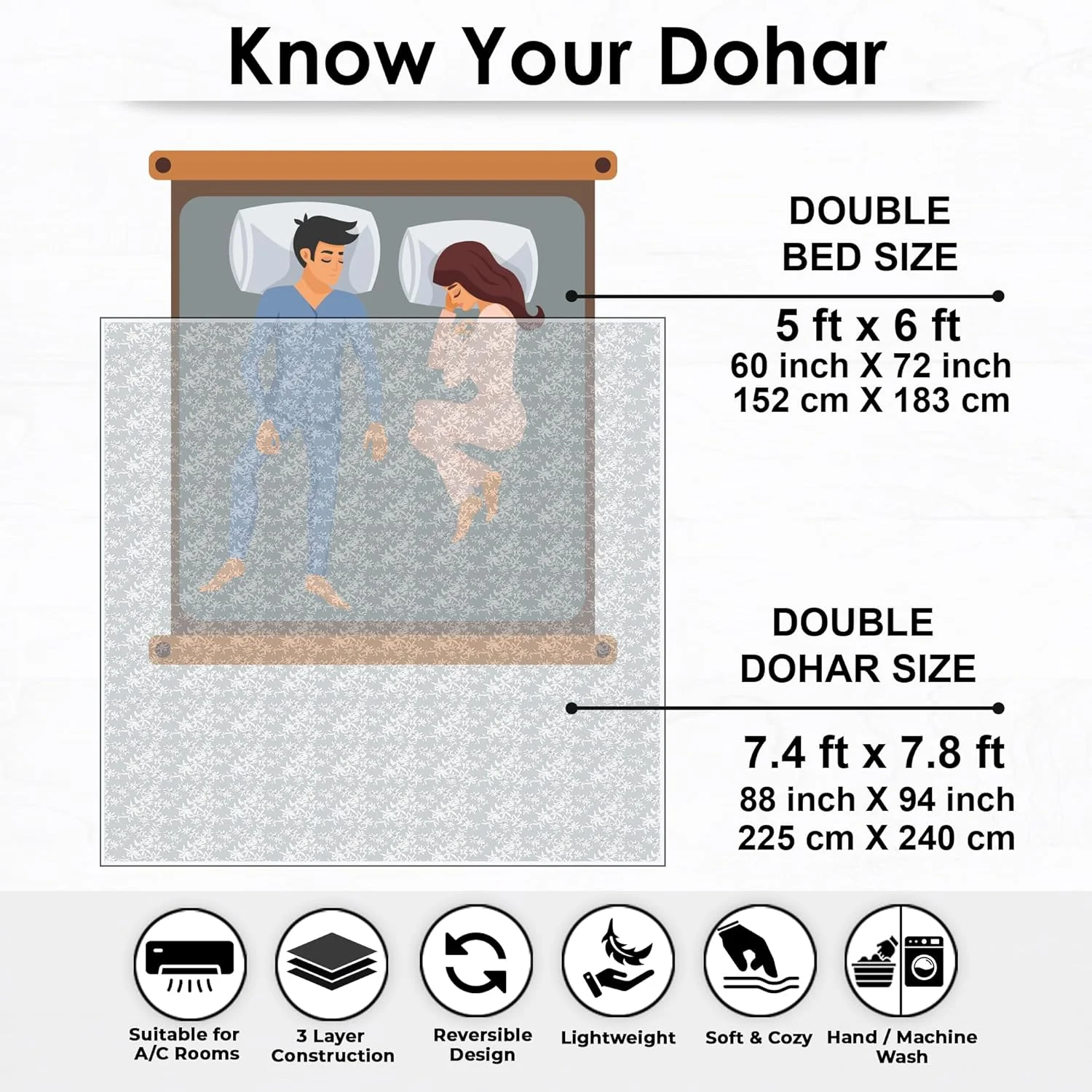 لحاف دو نفره سبک وزن، مناسب تهویه مطبوع، پتوی زمستانی، لحاف فوق العاده نرم تمام فصل، 225 × 240 سانتی متر، خاکستری Story@Home 100% پنبه ای دو رو