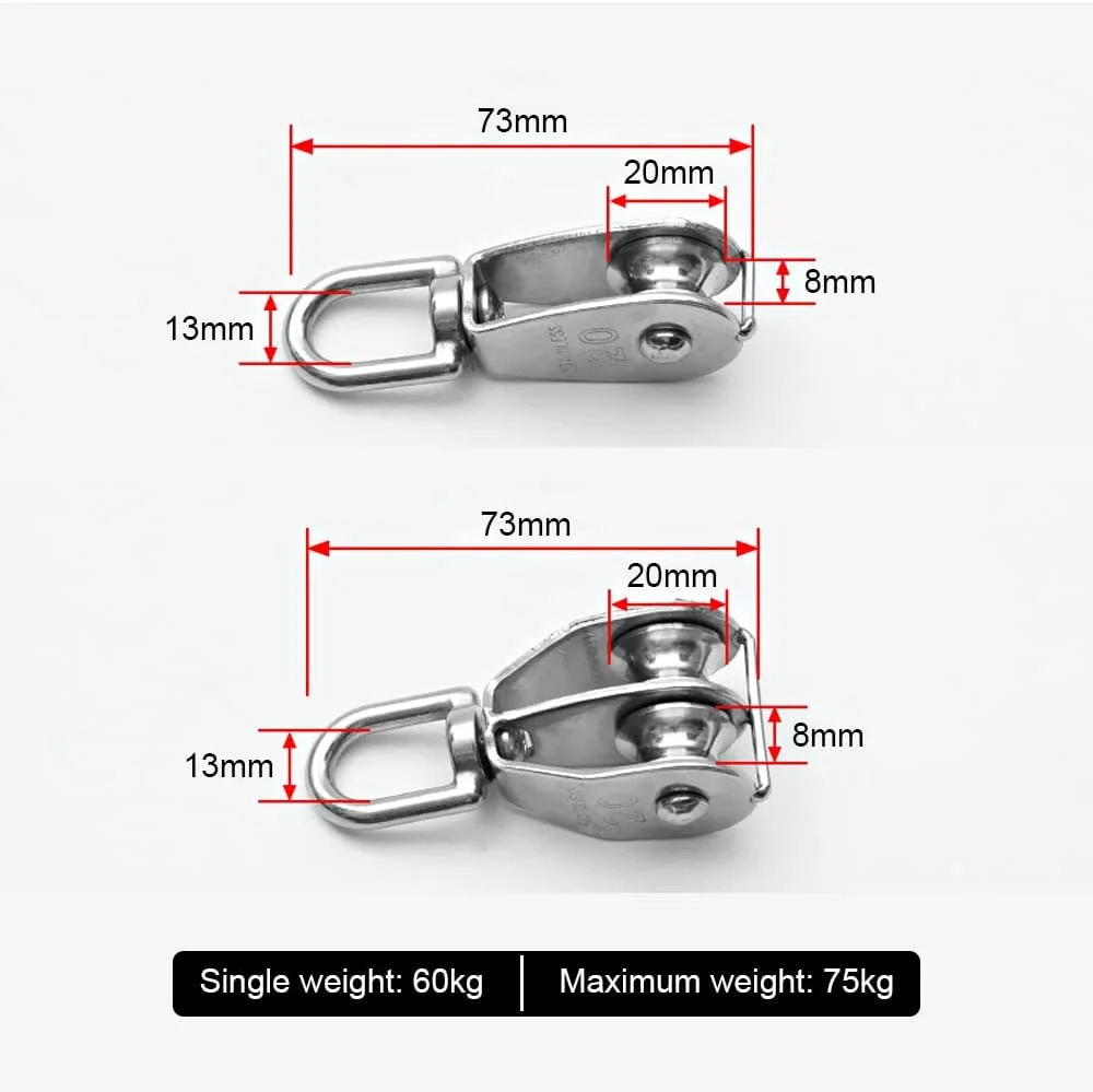 قرقره استیل زاسیون، 2 عدد، قرقره M20، قرقره برای طناب، کابل فولادی، قرقره ورزشی، قرقره تک و دوبل، کوچک برای طناب های 1-8 میلی متر، ظرفیت بار 75 کیلوگرم
