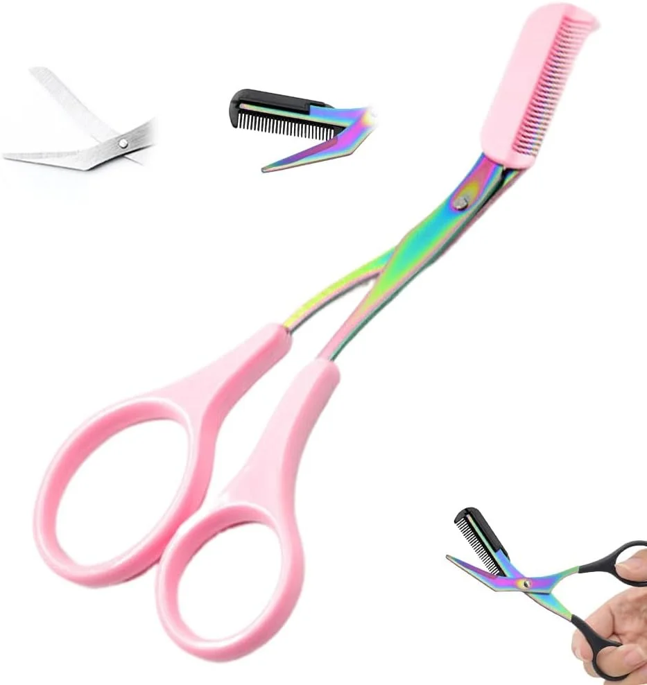 قیچی ابرو ارتقا یافته با شانه - قیچی اصلاح غیر لغزنده از جنس استیل ضد زنگ، ابزار آرایشی کاتِر مو برای زنان و مردان (صورتی)