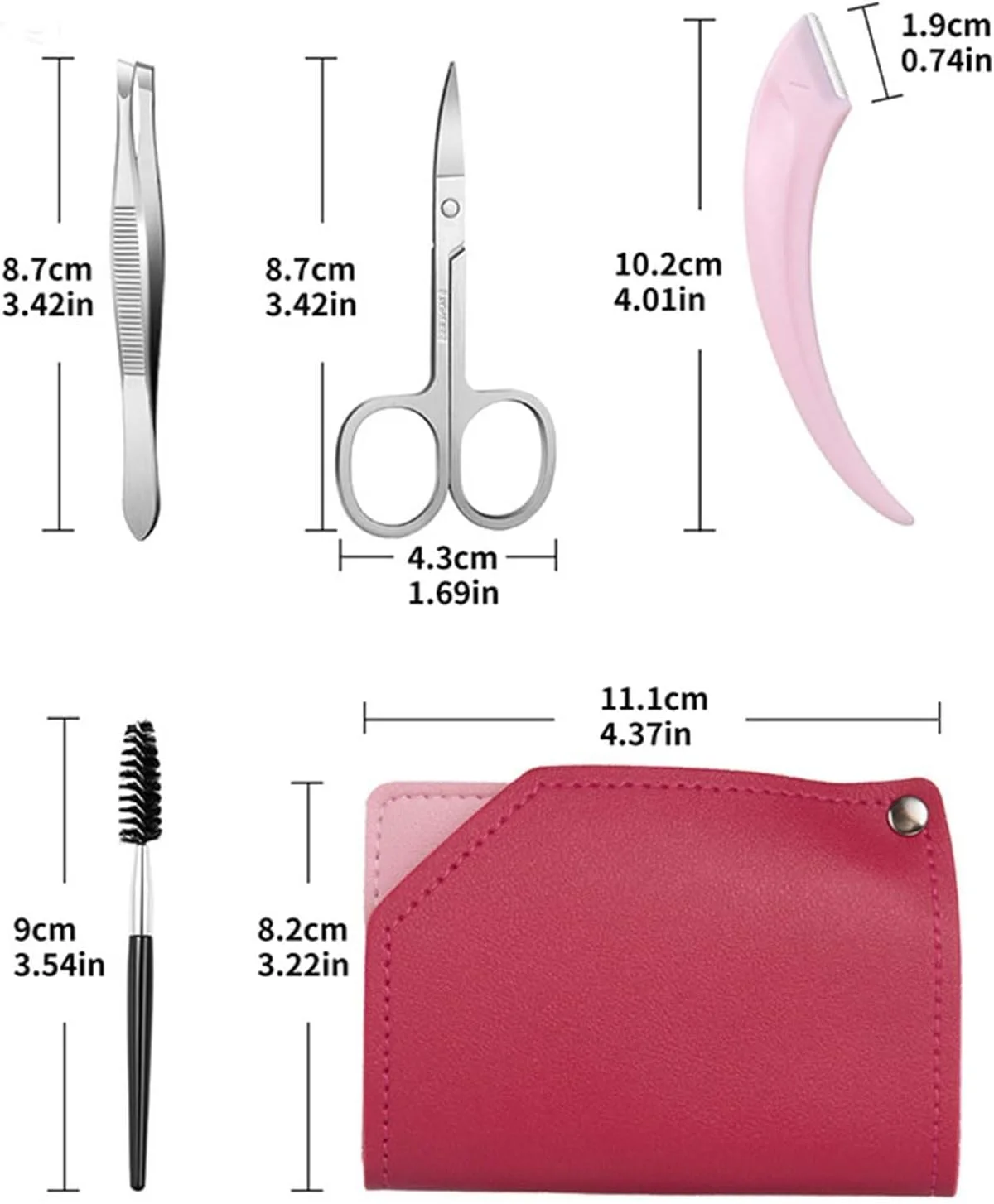 ست ابزار طراحی ابرو 4 تکه یونی-ریتم، شامل موچین ابرو، قیچی آرایشی، قیچی ابرو، برس ابرو با کیف چرمی گل رز (4، کیف چرمی گل رز نقره ای-صورتی)