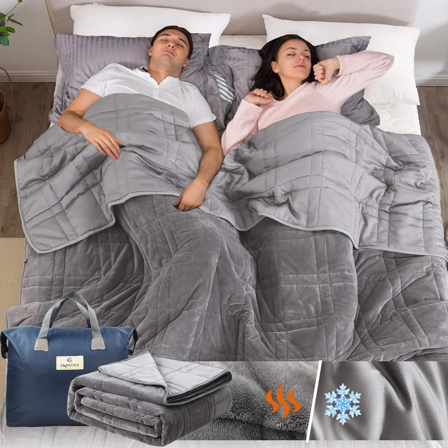 پتو سنگین OMYSTYLE با وزن 15 پوند، سایز کوئین (80''x87''، دو طرفه)، پتو سنگین مخمل خواب دار برای بزرگسالان، پتو سنگین دو رو با پارچه مخمل خواب دار نرم و گرم و پارچه خنک کننده Tencel - دارای کیف حمل