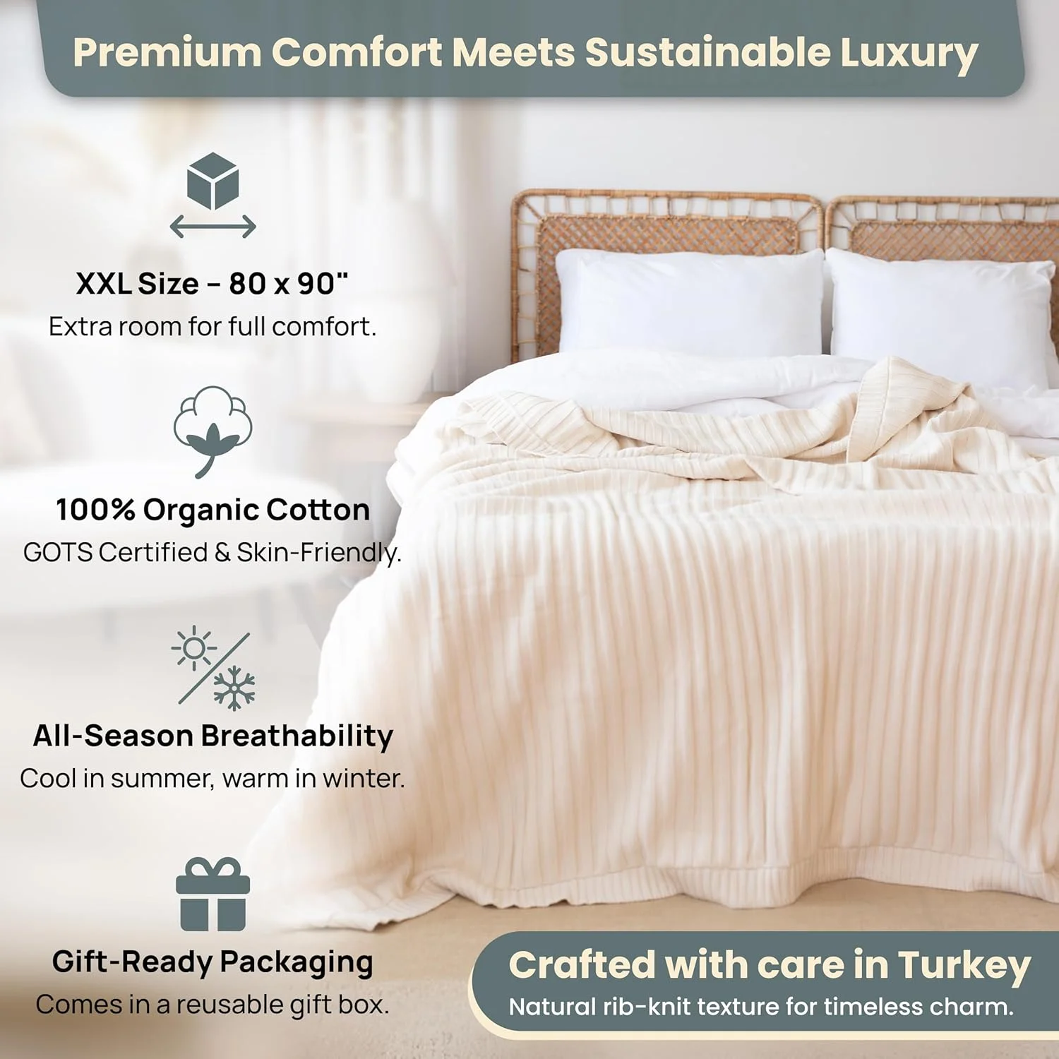 100% Organic Cotton Knit Blanket Denise 50x60 Inches Earth Ivory -Soft and Lightweight, Breathable All-Season Throw for Bed, Sofa, or Lounge Area - GOTS Certified-Perfect for Home and Bedroom Styling