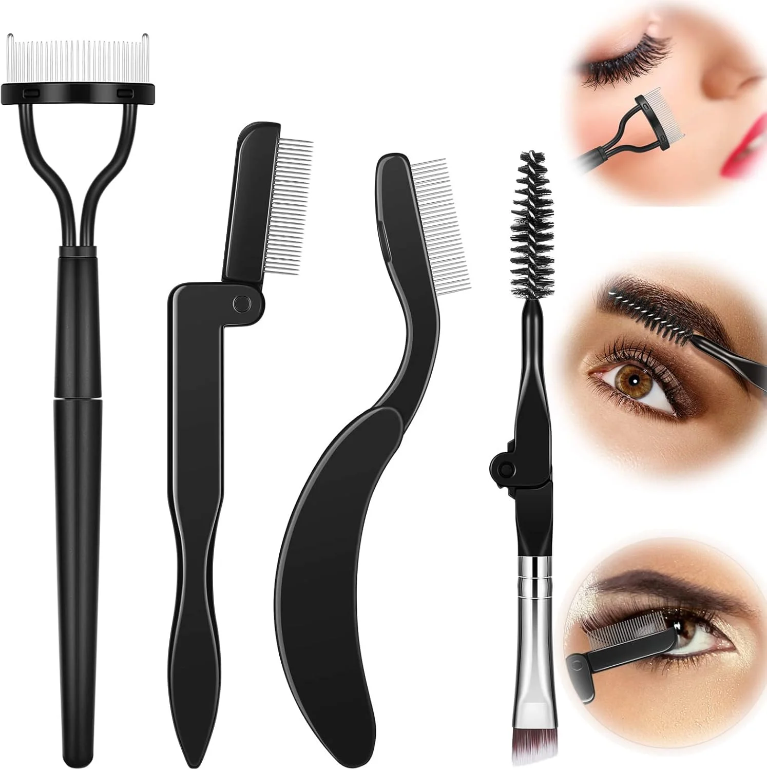 شانه ابرو تاشو Excefore جداکننده مژه برس آرایش ابرو و مژه برای لوازم آرایشی، ست 4 عددی، مشکی