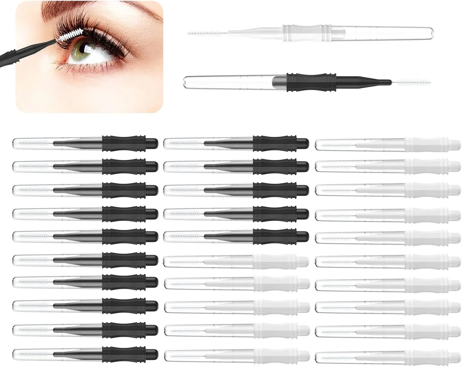 ست برس ابرو چند منظوره - برس میکرو اسپولی، لمینت، برس ریمل مژه برای اکستنشن لیفت مژه و پاکسازی ابرو (سفید، مشکی، 30 عدد)