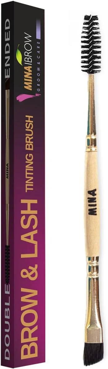 براش ابرو مینای ابرو مینا آی برو دوئو ریمل | براش زاویه دار ابرو و براش اسپولی با کیفیت عالی برای پماد ابرو، حنا، خط چشم، حالت دهنده، وکس، لمینت، رنگ و آرایش