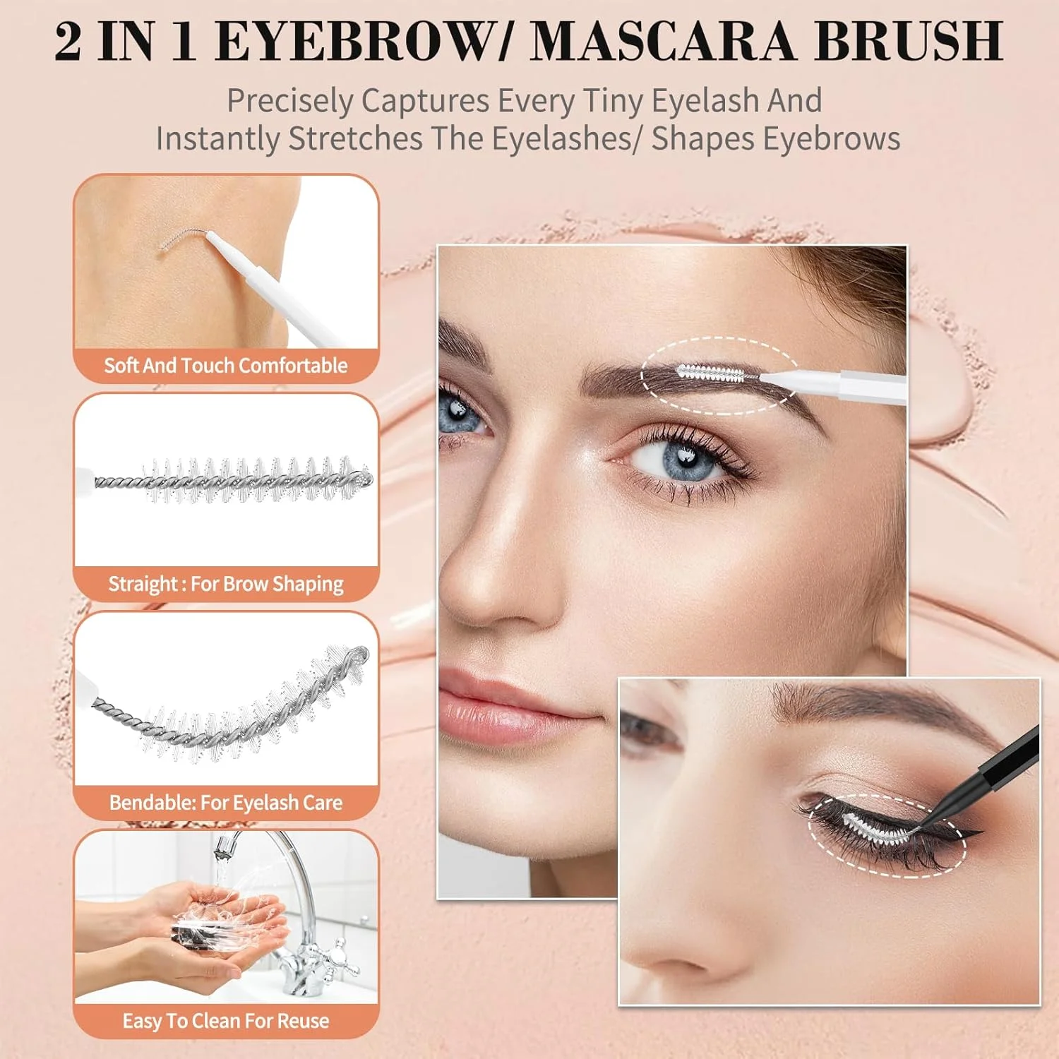 MAPVOLUT برس ابرو 120 عددی با درپوش، لوازم برس لمینت ابرو، برس میکرو ابرو و برس اسپولی شانه ای برای اکستنشن مژه ابرو (سیاه، سفید)