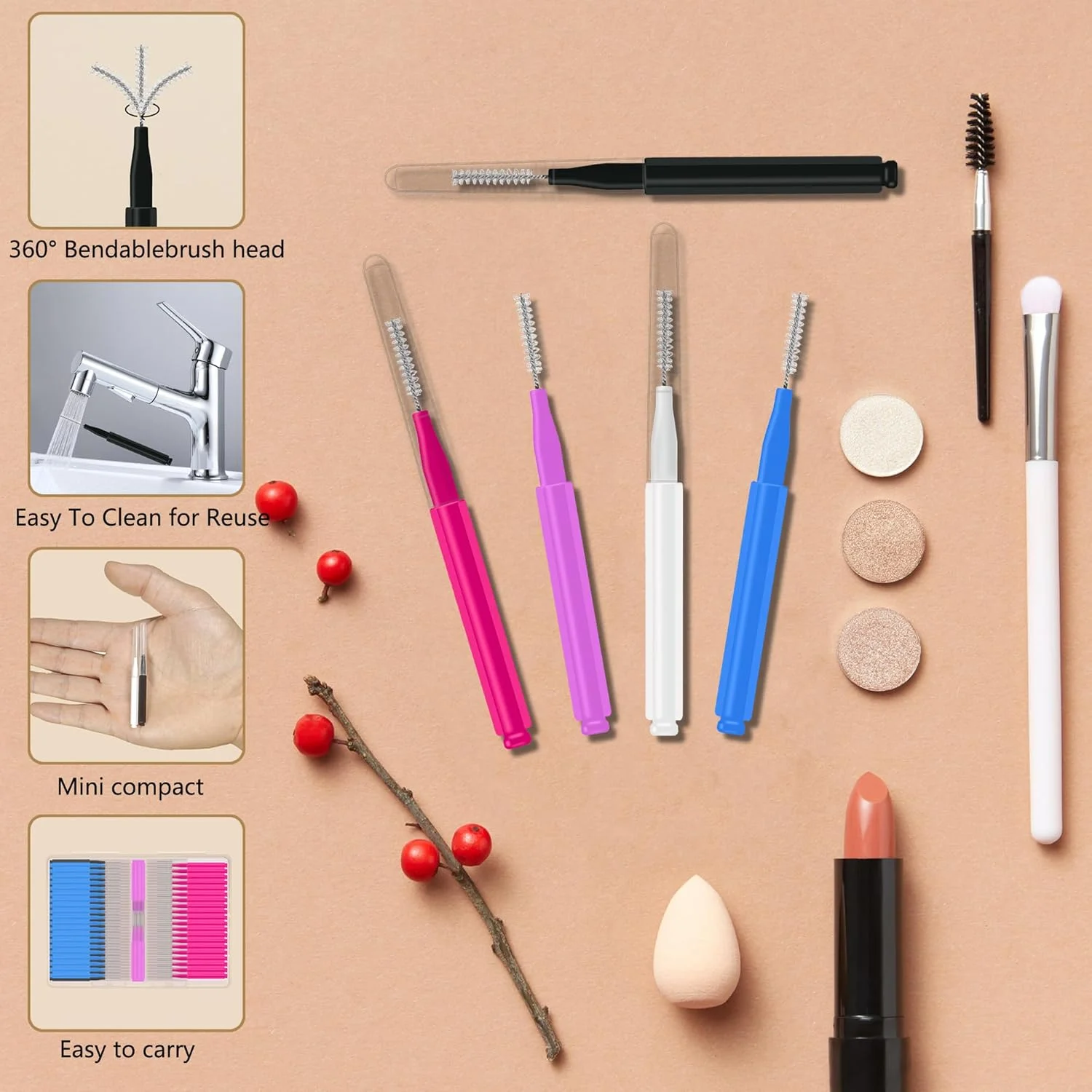 MIJAYENV برس ابرو برای لمینت ابرو 100 عددی، برس میکرویی ابرو با درپوش، میکرو براش برای لمینت ابرو، برس کوچک قابل حمل برای اکستنشن ابرو (5 رنگ)