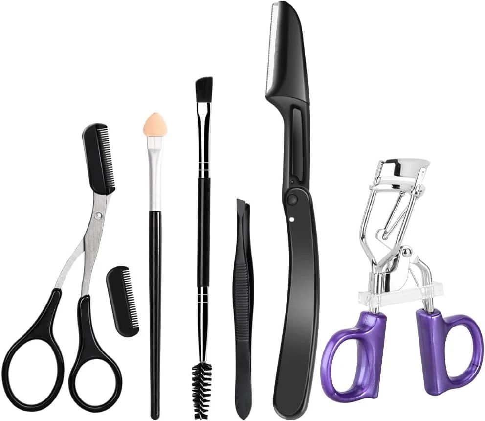 ست ابزار طراحی ابرو یونی-ریتم 6 تکه، شامل برس سایه اسفنجی، فر مژه، شانه مژه، شانه ابرو، موچین ابرو، قیچی ابرو، مناسب برای آرایش و پیرایش بانوان (6 تکه، مشکی با کیف سفید)