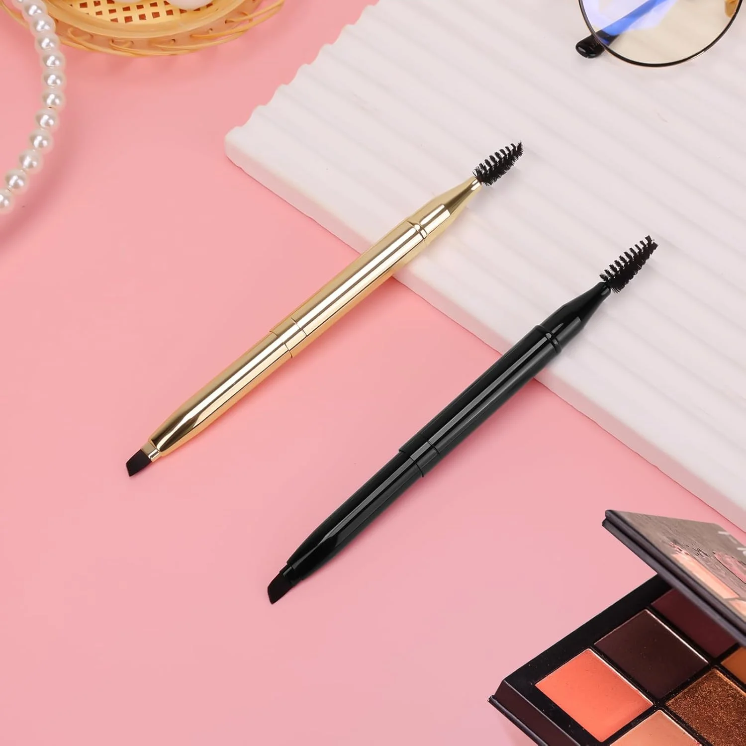 براش ابرو Unaone - 2 عدد براش ابرو زاویه دار دو طرفه جمع شونده برای شکل دادن و پر کردن ابروها، برس اسپولی برای ابروها یا مژه ها، مشکی و طلایی