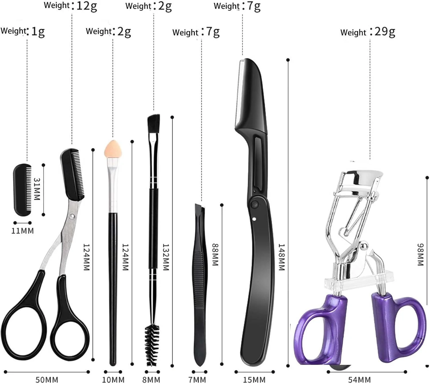 ست ابزار طراحی ابرو یونی-ریتم 6 تکه، شامل برس سایه اسفنجی، فر مژه، شانه مژه، شانه ابرو، موچین ابرو، قیچی ابرو، مناسب برای آرایش و پیرایش بانوان (6 تکه، مشکی با کیف سفید)