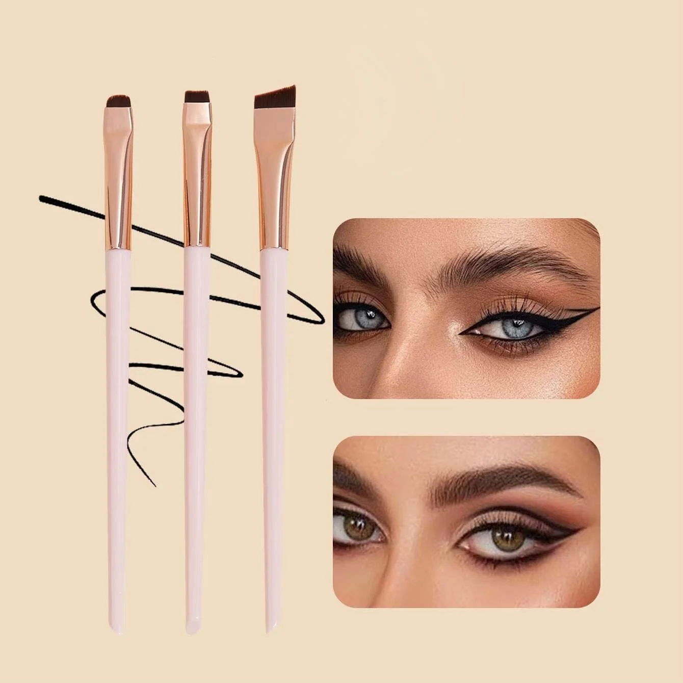 ست برس ابرو حرفه ای زاویه دار، برس ابرو، خط چشم، سایه چشم، کانسیلر، برس های کانتور سفید و رزگلد، 3 تکه