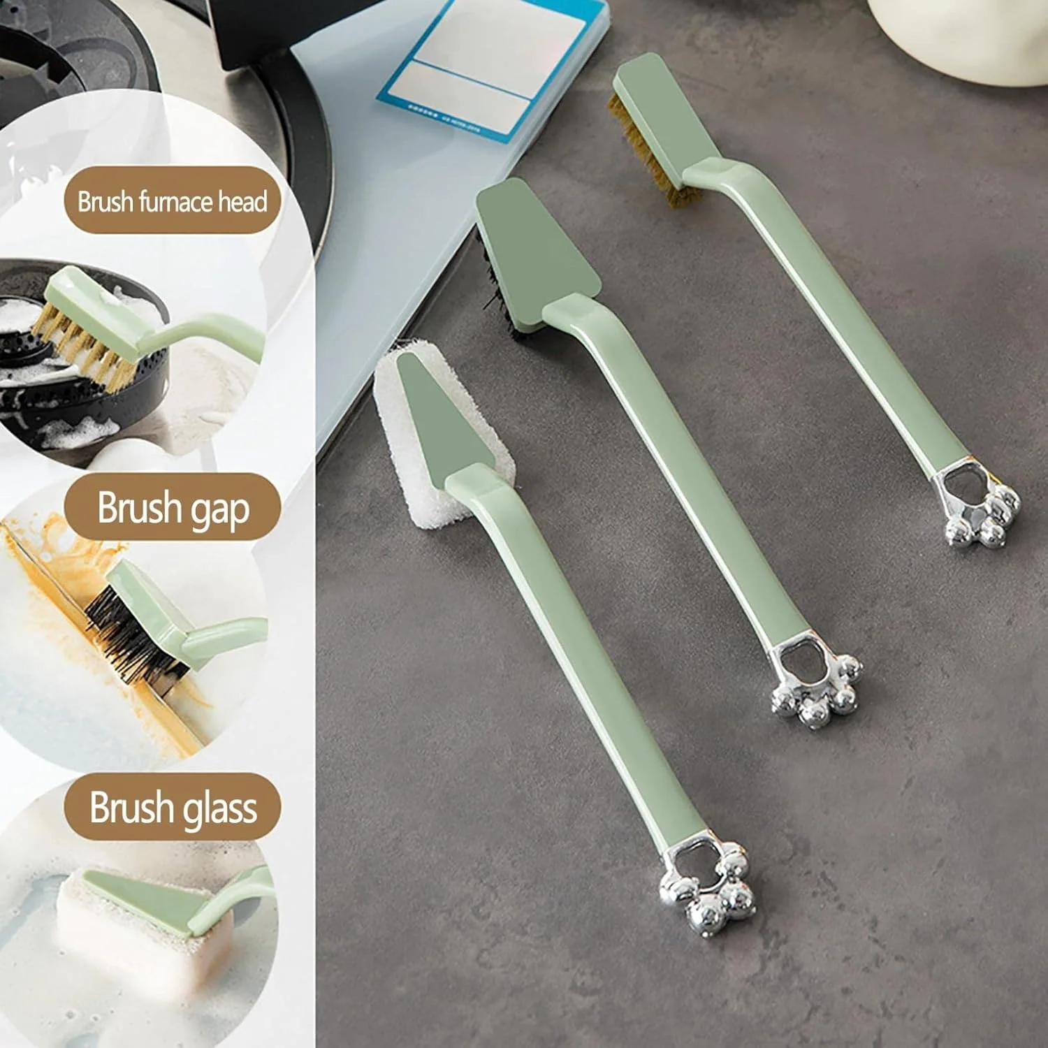 برس تمیز کننده آشپزخانه، ست 3 عددی برس تمیز کننده اجاق گاز، برس سیمی با قابلیت ضدعفونی کنندگی قوی، اجاق گاز، سینک ظرفشویی آشپزخانه، برس چند منظوره خانگی، ابزار تمیز کردن قابلمه (سفید) (سبز)