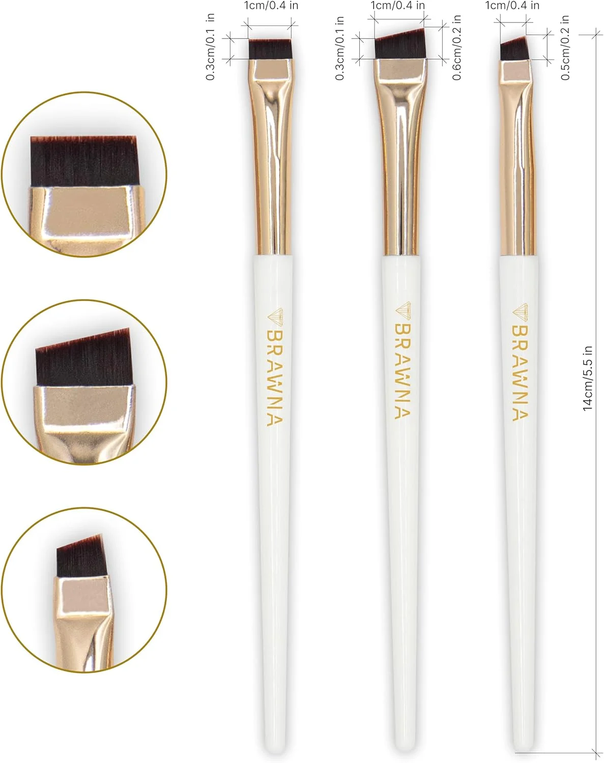 ست براش ابرو BRAWNA - 3 عدد براش آرایشی زاویه دار دقیق خط چشم - طراحی ابرو و لب - براش تخت کانسیلر - پودر، کرم، پماد، خمیر