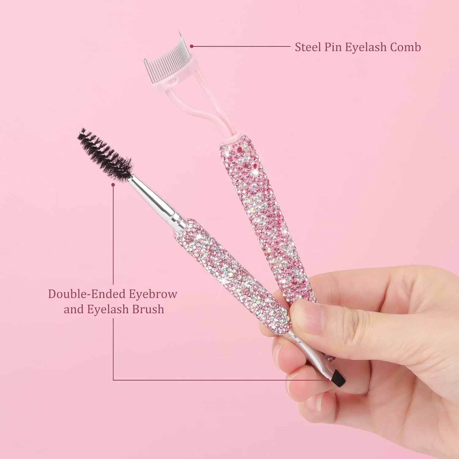 برس ابرو نگین دار و جداکننده مژه فلزی، شانه ابرو، ابزار حرفه ای آرایش چشم (صورتی)