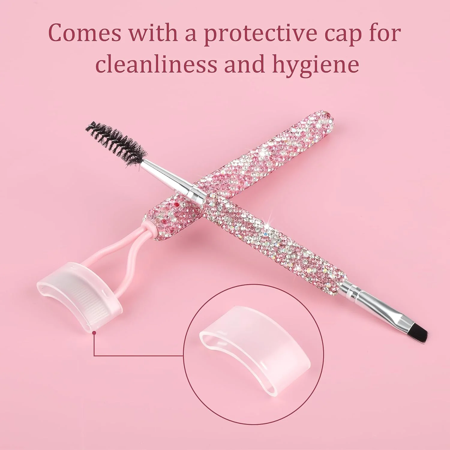 برس ابرو نگین دار و جداکننده مژه فلزی، شانه ابرو، ابزار حرفه ای آرایش چشم (صورتی)