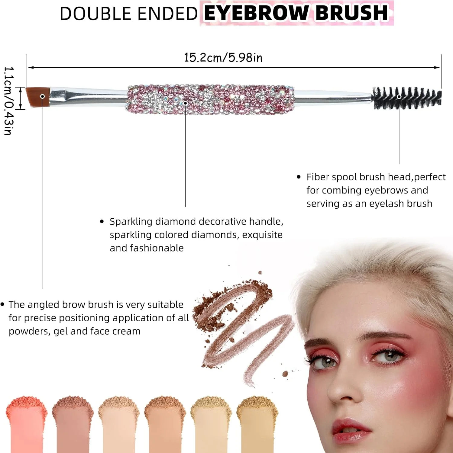 براش ابرو دو طرفه، براش زاویه دار ابرو، برس ابرو با نگین های درخشان، براش آرایشی 2 در 1 ابرو و خط چشم، براش دوگانه، ابزار برس مژه اکلیلی (صورتی)