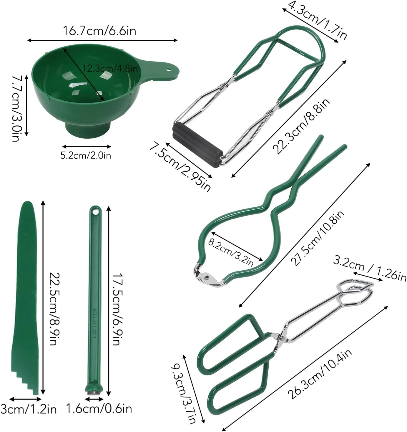 ست گیره ضد جوش، ست 6 تکه کنسرو کردن شامل قیف کنسرو، انبر، حباب گیر، آچار شیشه، بالابر شیشه، بالابر درب مغناطیسی، ست مربا سازی