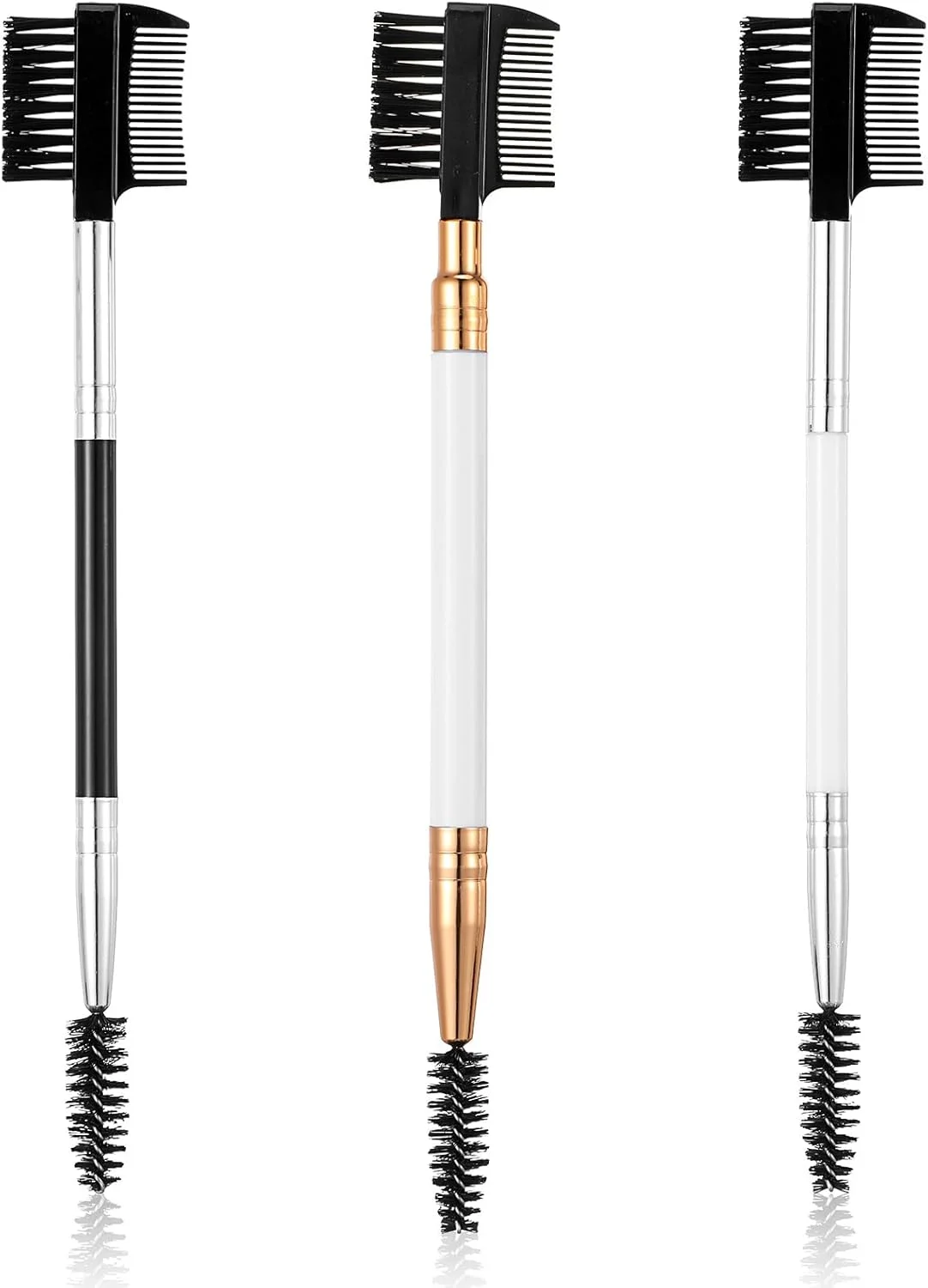 دبلیو ال ال اچ وای اف برس ابرو 3 عددی، شانه مژه، جداکننده مژه قابل حمل، برس ابرو، شانه دوبل، دو سر، ابزار آرایش چشم حرفه ای برای زنان و دختران (مشکی، سفید، طلایی)