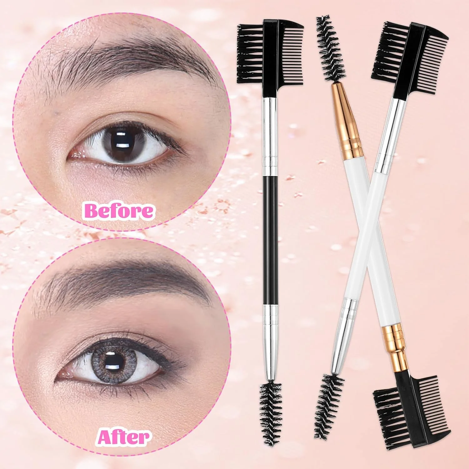 دبلیو ال ال اچ وای اف برس ابرو 3 عددی، شانه مژه، جداکننده مژه قابل حمل، برس ابرو، شانه دوبل، دو سر، ابزار آرایش چشم حرفه ای برای زنان و دختران (مشکی، سفید، طلایی)