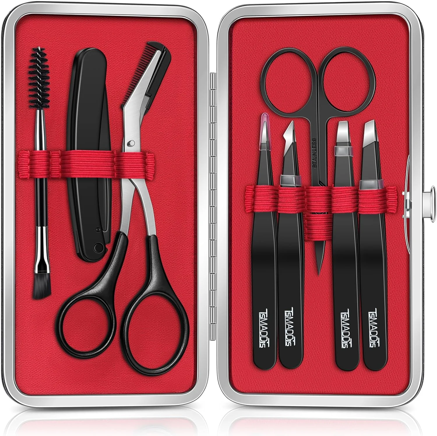 ست ابرو TsMADDTs، 8 در 1 شامل قیچی ابرو، موچین، تیغ ابرو، برس به همراه کیف مسافرتی، ست موچین برای زنان و مردان، کیت حرفه ای شکل دهی و مرتب سازی