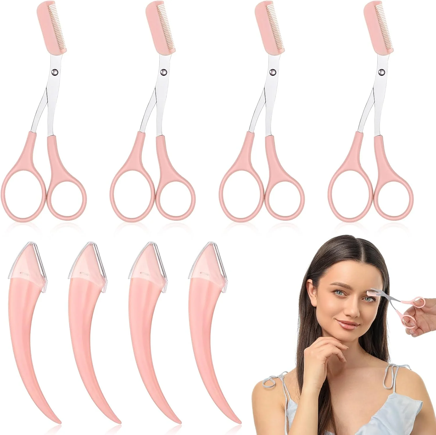 ست اصلاح ابرو زنانه، 8 تکه قیچی ابرو استیل ضد زنگ به همراه شانه، تیغ ابرو منحنی، لوازم جانبی اصلاح مو، کیت آرایش ابرو برای مبتدیان، اصلاح ابرو، اصلاح ریش