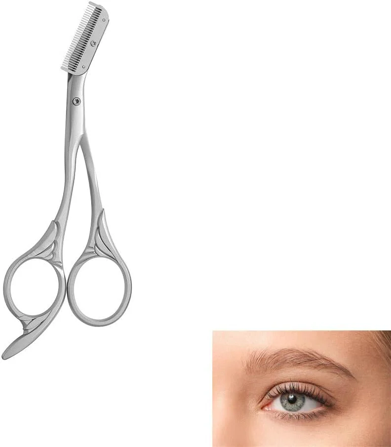 قیچی ابرو با شانه، قیچی ابرو حرفه ای و دقیق با شانه و دسته های ضد لغزش، قیچی اصلاح ابرو برای انواع پوست