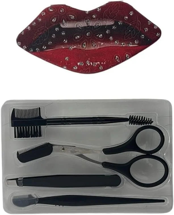 ست پیرایش ابرو 4 تکه شامل موچین، قیچی، تیغ ابرو و اپلیکاتور مژه برای زنان و مردان + 1 عدد آینه دستی آرایشی قابل حمل برای زنان، طرح لب