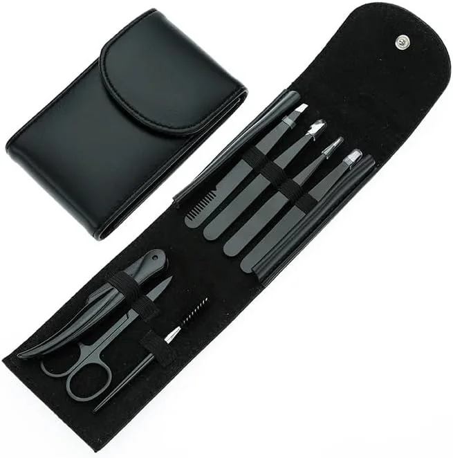 ست پیرایش ابرو و مرتب کردن ریش، 7 تکه شامل قیچی پیرایش، موچین، تیغ صورت تاشو، برس ابرو در کیف مسافرتی