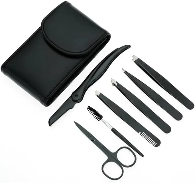 ست پیرایش ابرو و مرتب کردن ریش، 7 تکه شامل قیچی پیرایش، موچین، تیغ صورت تاشو، برس ابرو در کیف مسافرتی