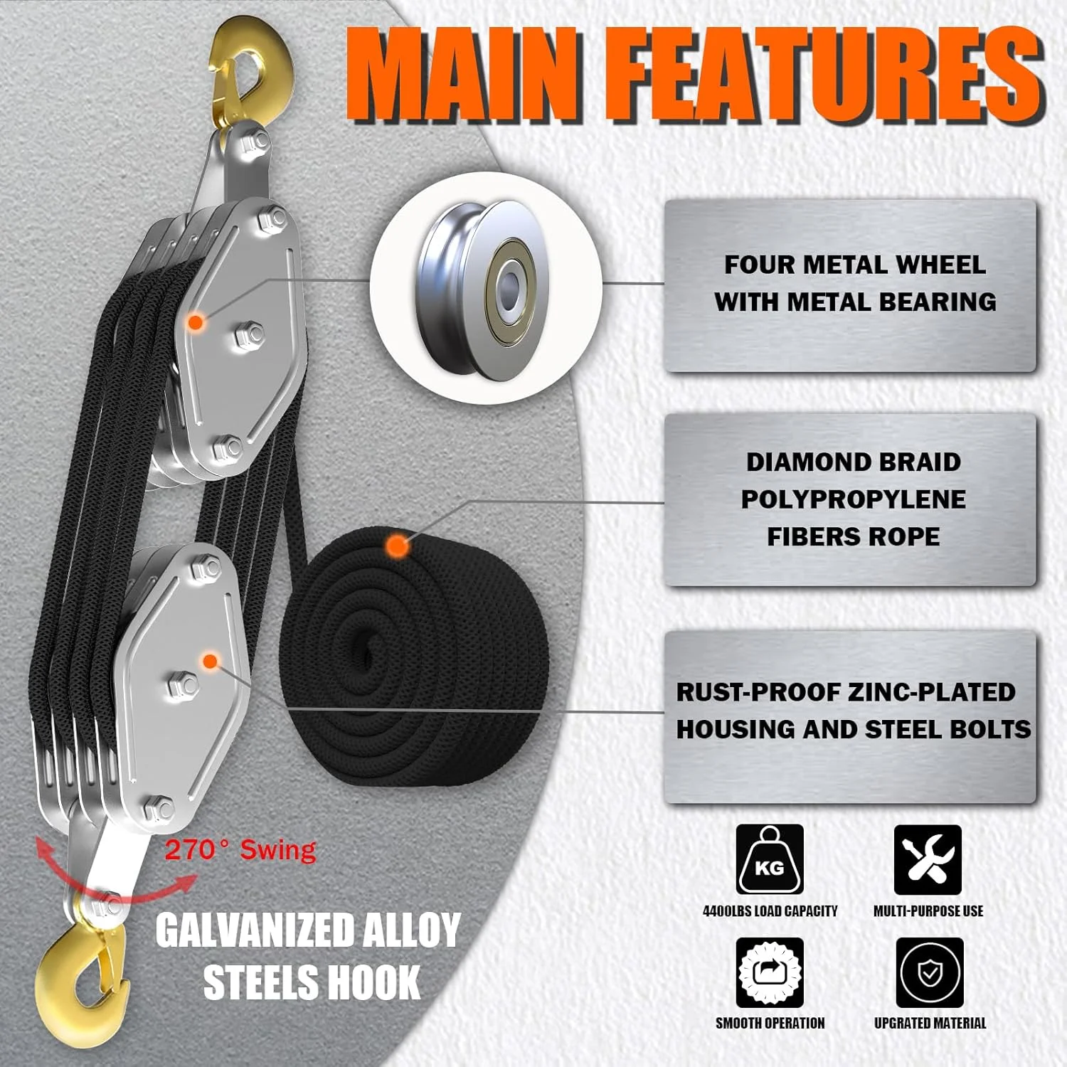 سیستم قرقره بالابر طناب YATOINTO، تجهیزات قرقره 2000 کیلوگرمی، نسبت نیروی بالابر 8:1 طول 20 متر، قرقره سنگین برای شکار و بلند کردن اشیا