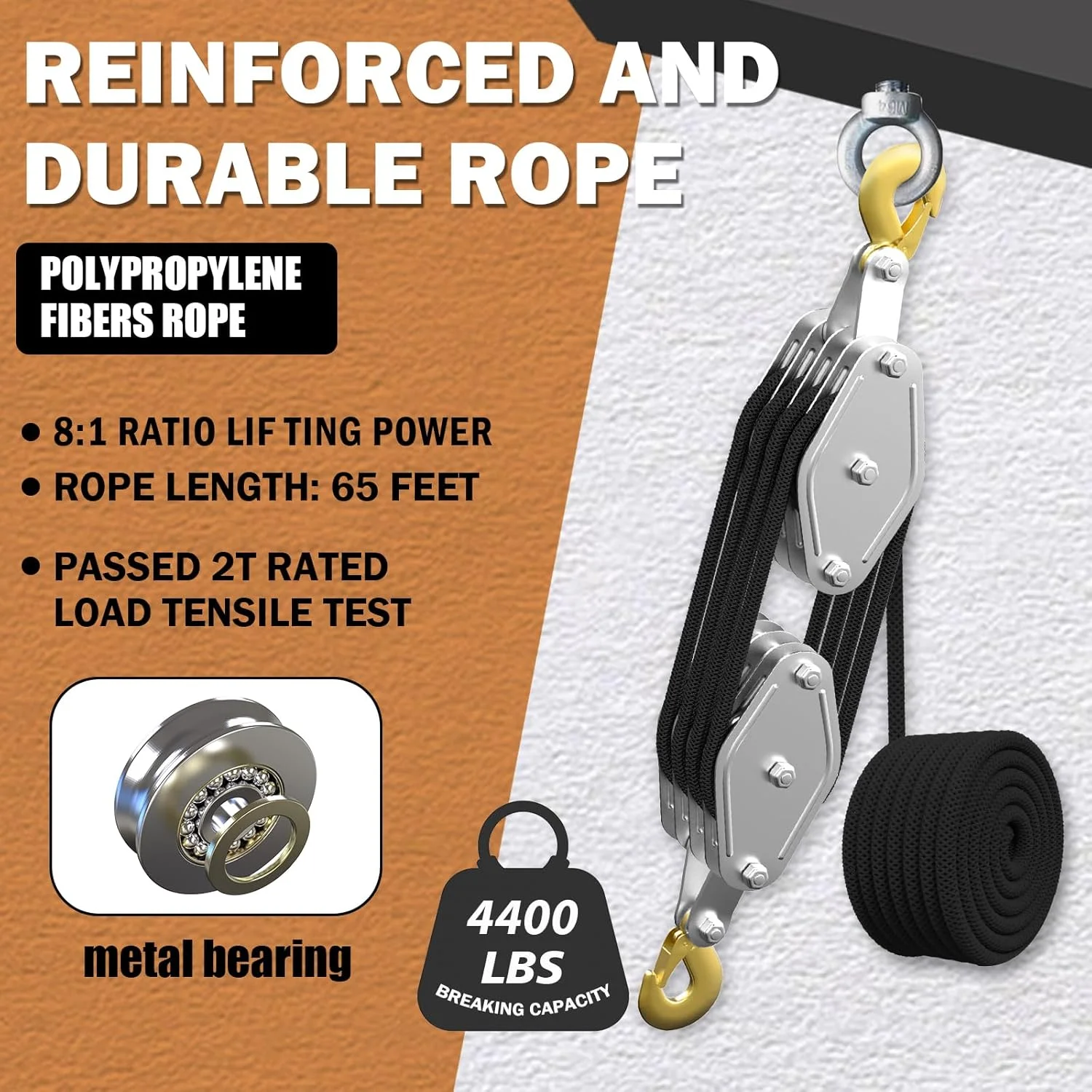 سیستم قرقره بالابر طناب YATOINTO، تجهیزات قرقره 2000 کیلوگرمی، نسبت نیروی بالابر 8:1 طول 20 متر، قرقره سنگین برای شکار و بلند کردن اشیا