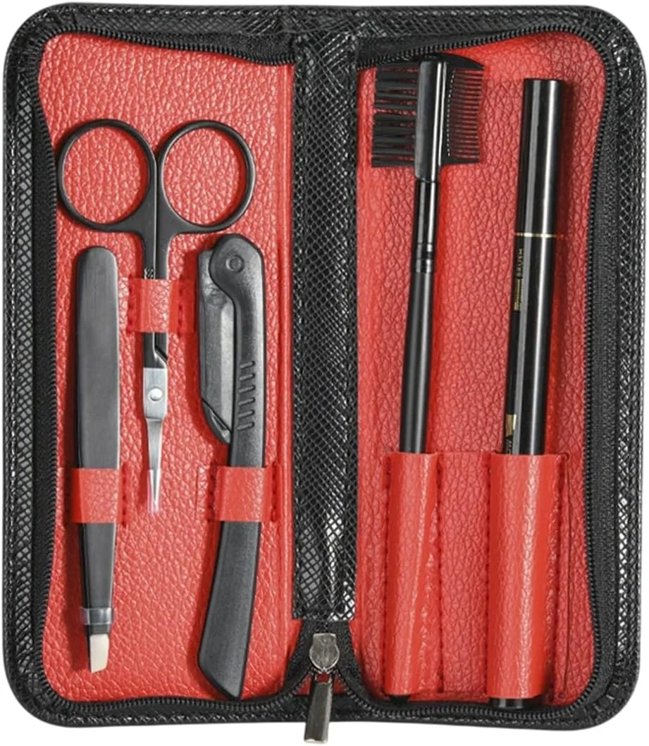 ست 5 تکه استیل ضد زنگ برای حالت دادن به ابرو شامل موچین، قیچی، مداد ابرو، تیغ ابرو و برس ابرو برای زنان و مردان، مشکی