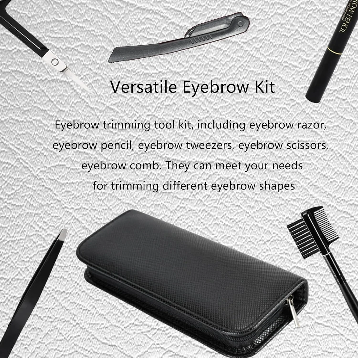 ست 5 تکه استیل ضد زنگ برای حالت دادن به ابرو شامل موچین، قیچی، مداد ابرو، تیغ ابرو و برس ابرو برای زنان و مردان، مشکی