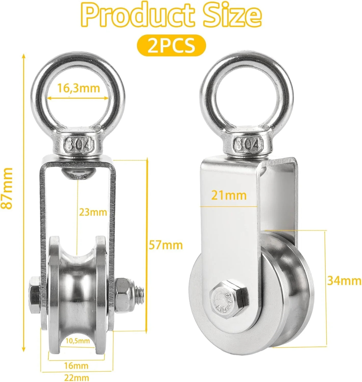 WOPPLXY بسته 2 عددی قرقره، قرقره نوع U 34 میلی متری، بارگیری 200 کیلوگرمی، نقره ای، قرقره استیل ضد زنگ، کابل فولادی برای طناب ها، کابل فولادی