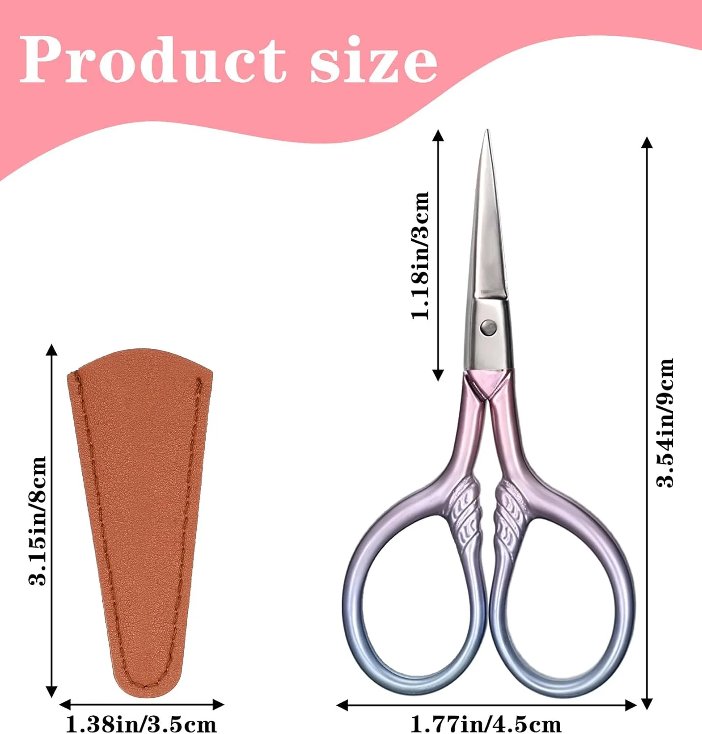 قیچی ابرو مینی، 2 عدد قیچی ابرو، قیچی مژه کوچک 3.5 اینچی با 2 جلد چرمی برای اصلاح زنان، موهای صورت، ابروها، ریش، بینی، سبیل (گرادیان صورتی آبی)