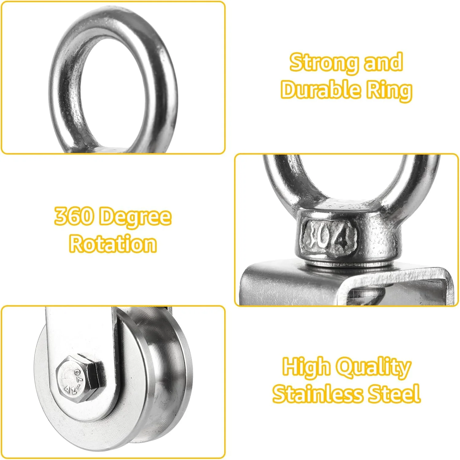 WOPPLXY بسته 2 عددی قرقره، قرقره نوع U 34 میلی متری، بارگیری 200 کیلوگرمی، نقره ای، قرقره استیل ضد زنگ، کابل فولادی برای طناب ها، کابل فولادی
