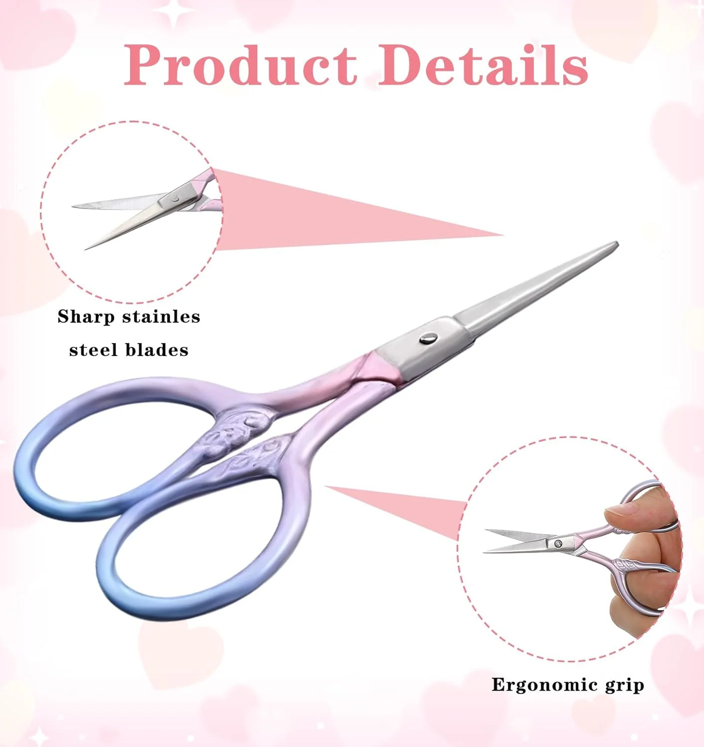 قیچی ابرو مینی، 2 عدد قیچی ابرو، قیچی مژه کوچک 3.5 اینچی با 2 جلد چرمی برای اصلاح زنان، موهای صورت، ابروها، ریش، بینی، سبیل (گرادیان صورتی آبی)