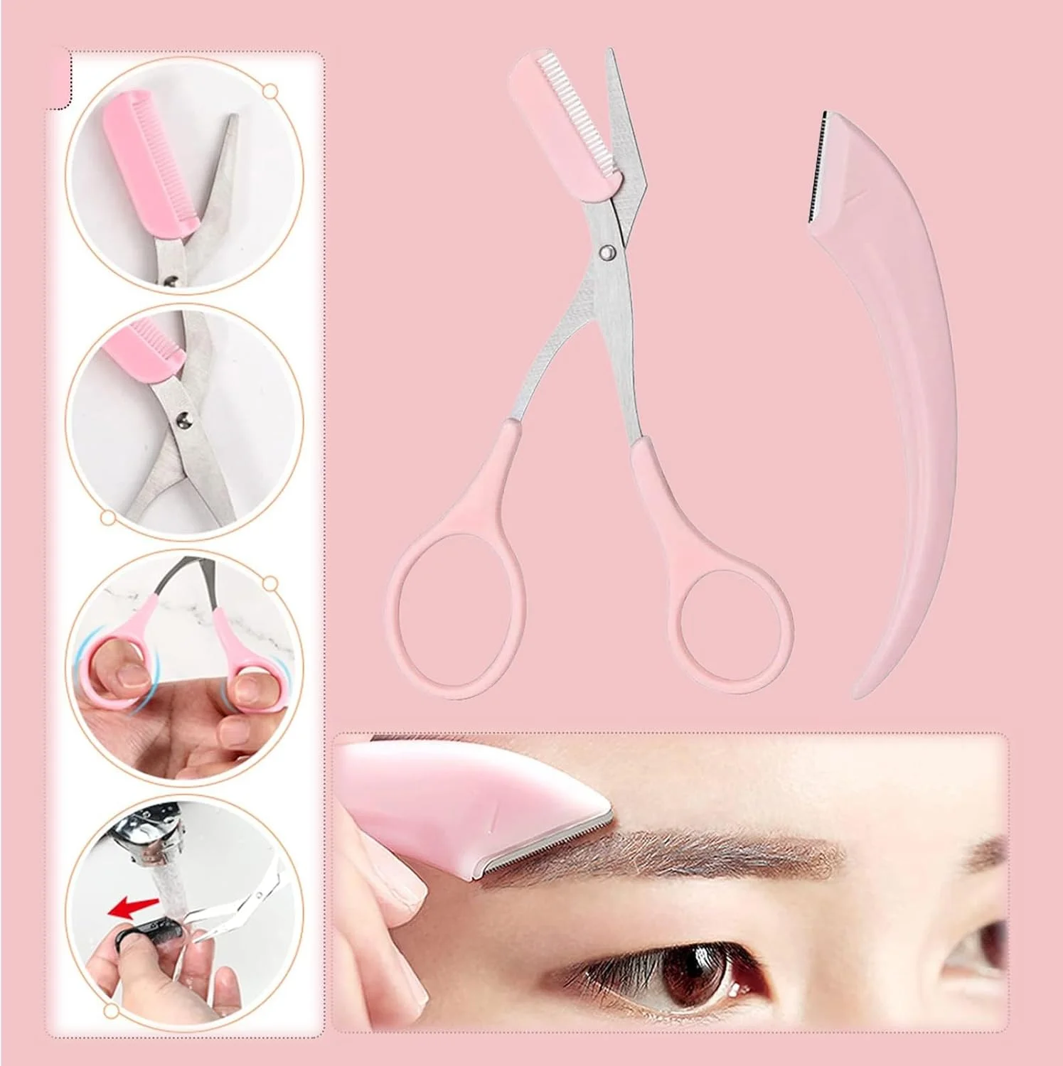 قیچی ابرو Leeneen با شانه، شابلون ابرو. قیچی اصلاح ابرو، کیت کوچک پیرایش ابرو، ابزار زیبایی رفع موهای زائد برای زنان و مردان - صورتی