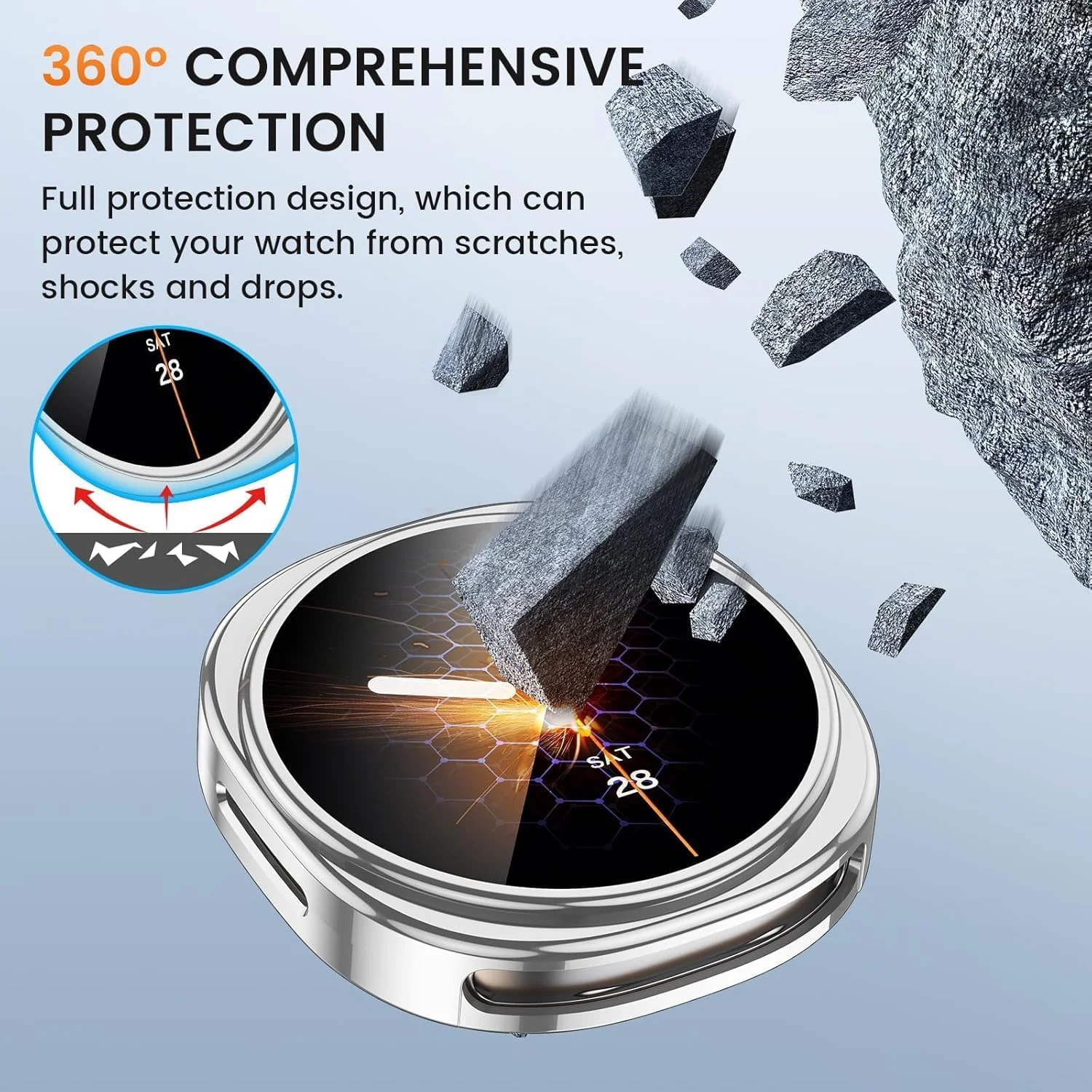 محافظ صفحه نمایش ساعت هوشمند برای گلکسی واچ 8 44 میلی‌متری، کاورهای ضربه‌گیر TPU نرم برای محافظت کامل در برابر افتادن، خراش و ضربه، بسته 3 عددی، (شفاف+مشکی+نقره‌ای)