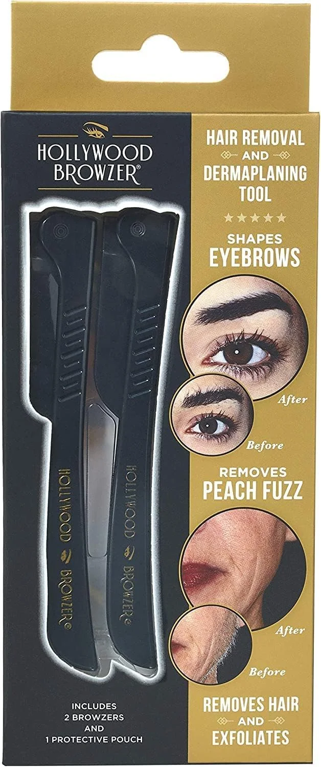 ابزار درماپلنینگ هالیوود براوزر برای صورت، حالت دهی ابرو، حذف موهای زائد، ابزار لایه برداری برای زنان، بسته دوتایی (دوتایی مشکی)