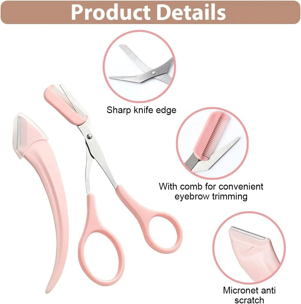 قیچی ابرو شانه دار HANNEA® دو عددی، ست اصلاح ابرو حرفه ای و دقیق، تیغ ابرو