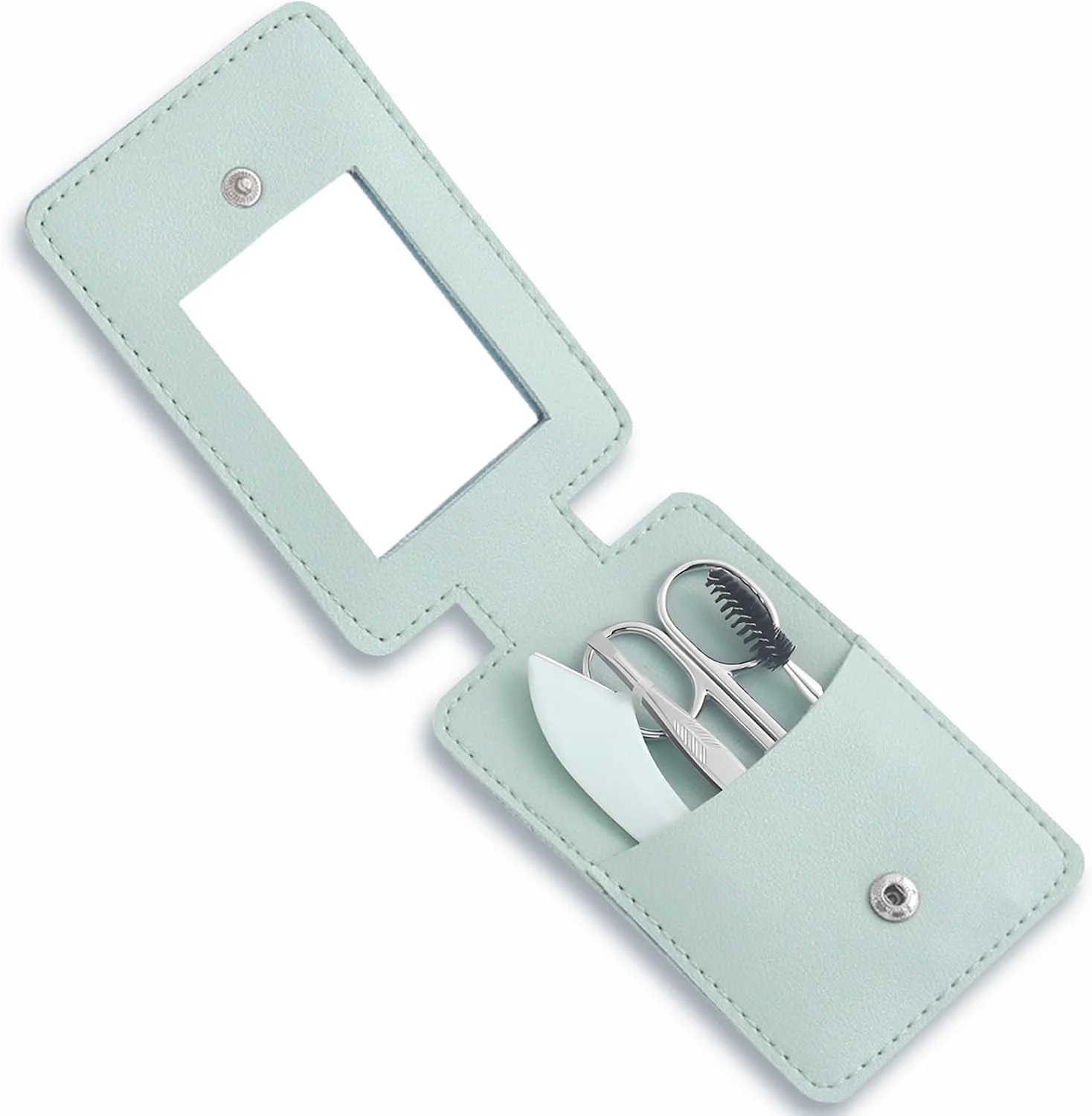 ست اصلاح ابرو، 5 در 1 شامل قیچی، تیغ، موچین، برس و آینه، به همراه کیف حمل سبز ست اصلاح ابرو، 5 در 1 شامل قیچی، تیغ، موچین، برس و آینه، به همراه کیف حمل سبز