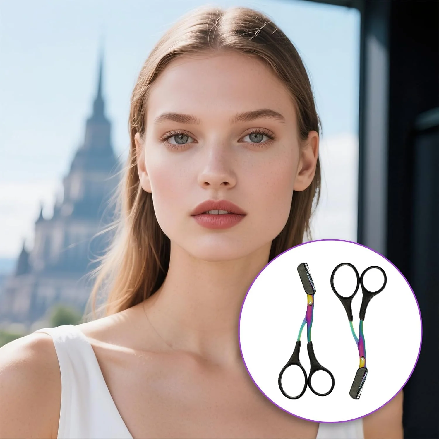 قیچی اصلاح ابرو - TRACOMPAN 2 عدد قیچی و تریمر ابرو حرفه ای برای زنان | قیچی مژه با دسته ارگونومیک ضد لغزش برای استفاده در سالن و منزل | قیچی ابرو استیل ضد زنگ با شانه